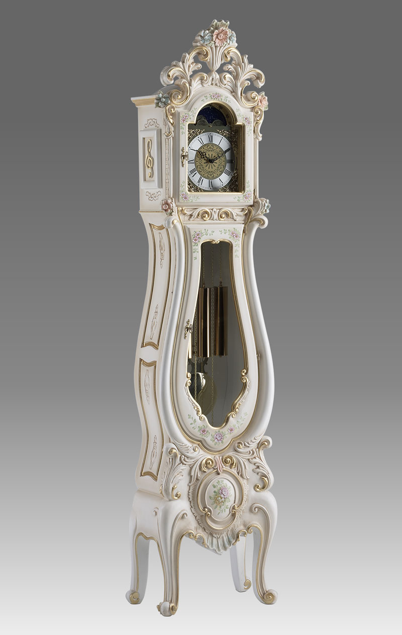 Grandfather clock Art.511/2 lacquered white patinated with gold and decoration